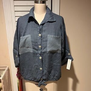 NWT button front collared shirt with sequin pockets and bubble hem